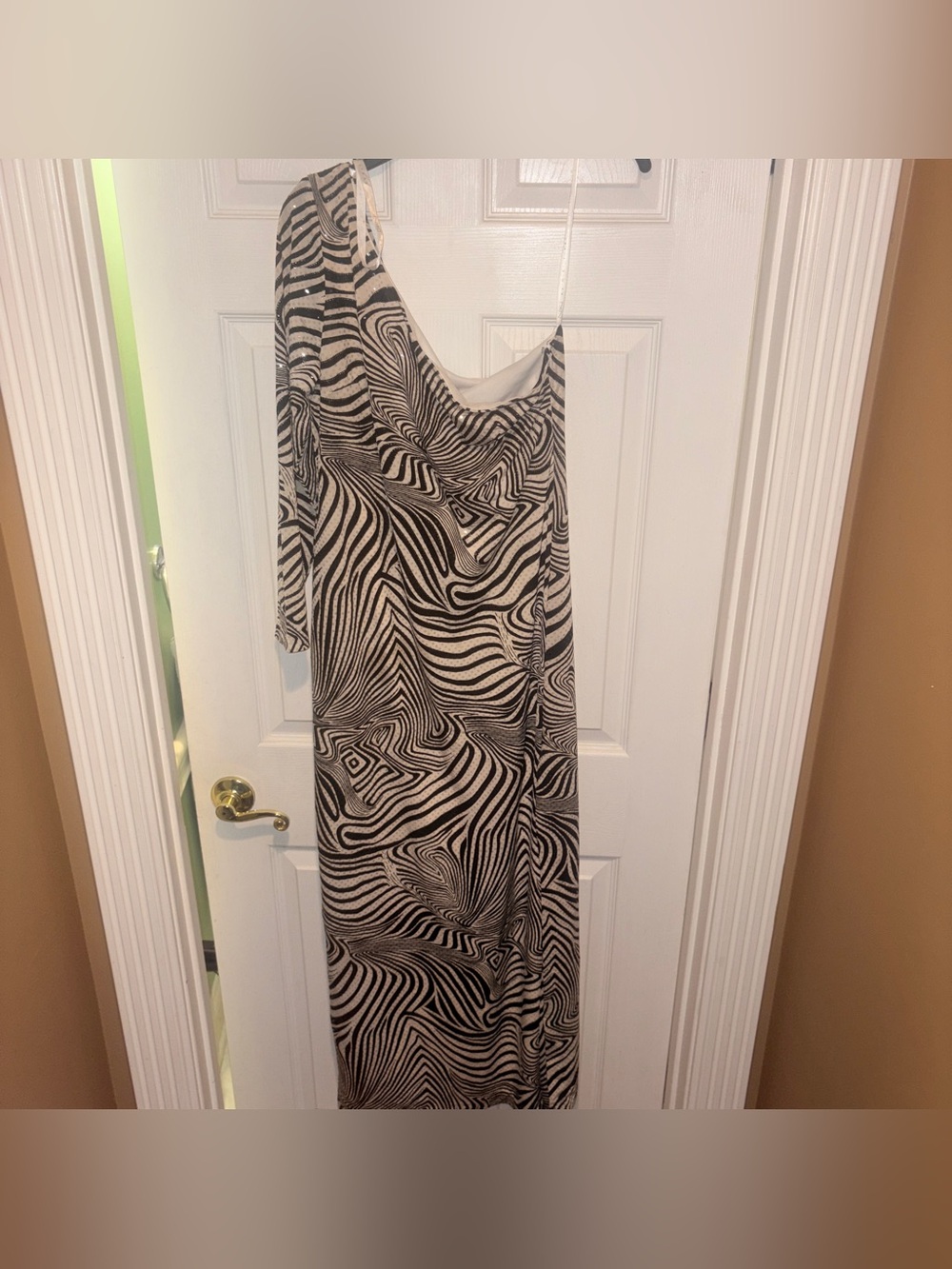 Niki Livas Silk Satin Zebra Print one shoulder Gown  Sz. 14